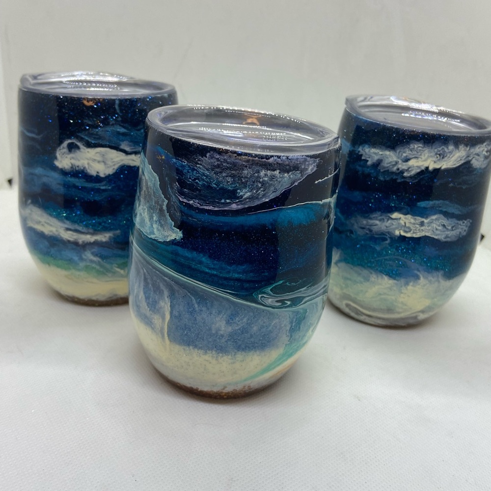 3 handcrafted epoxy dipped wine tumblers